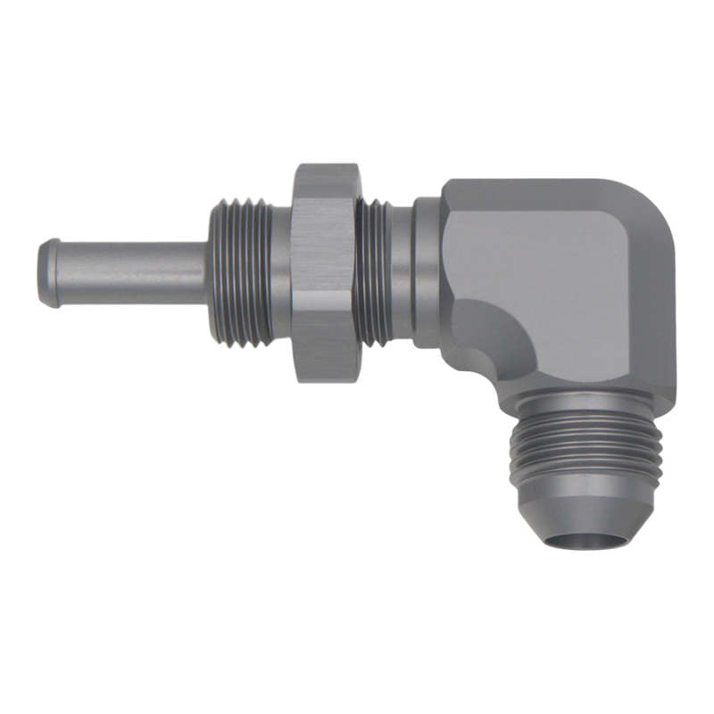 DeatschWerks 8AN Male Flare To 5/16in. Male Barb Bulkhead Adapter 90-Degree (Incl. Nut) - 0