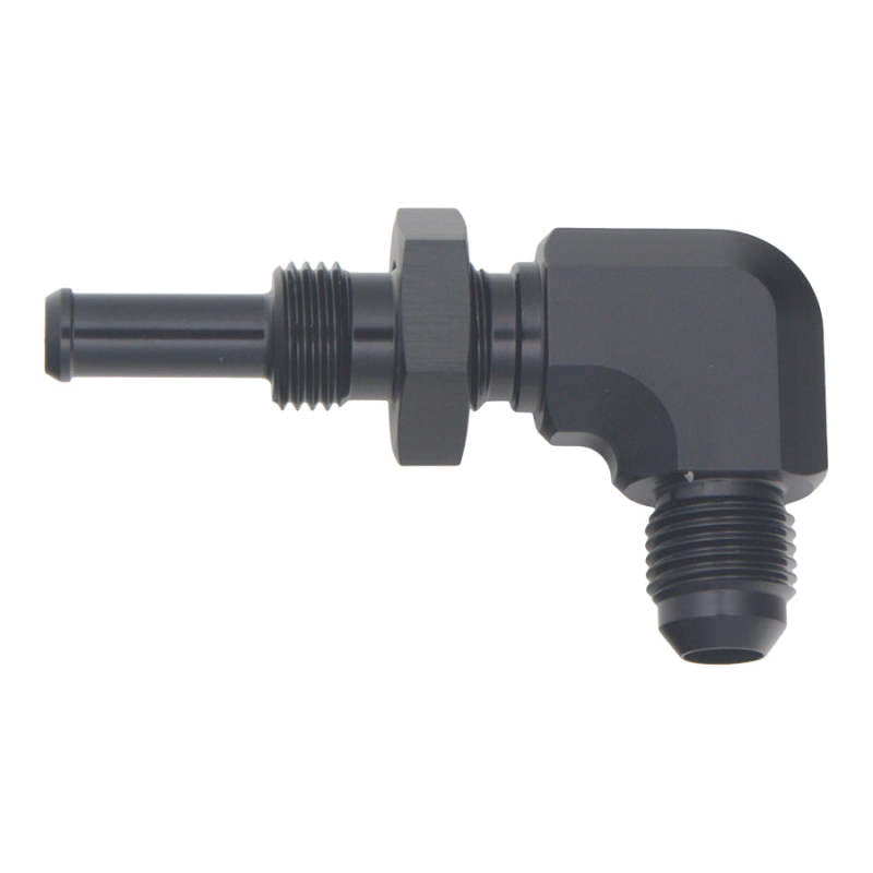 DeatschWerks 6AN Male Flare to 5/16in Male Barb Bulkhead Adapter 90-Degree - Anodized Matte Black - 0