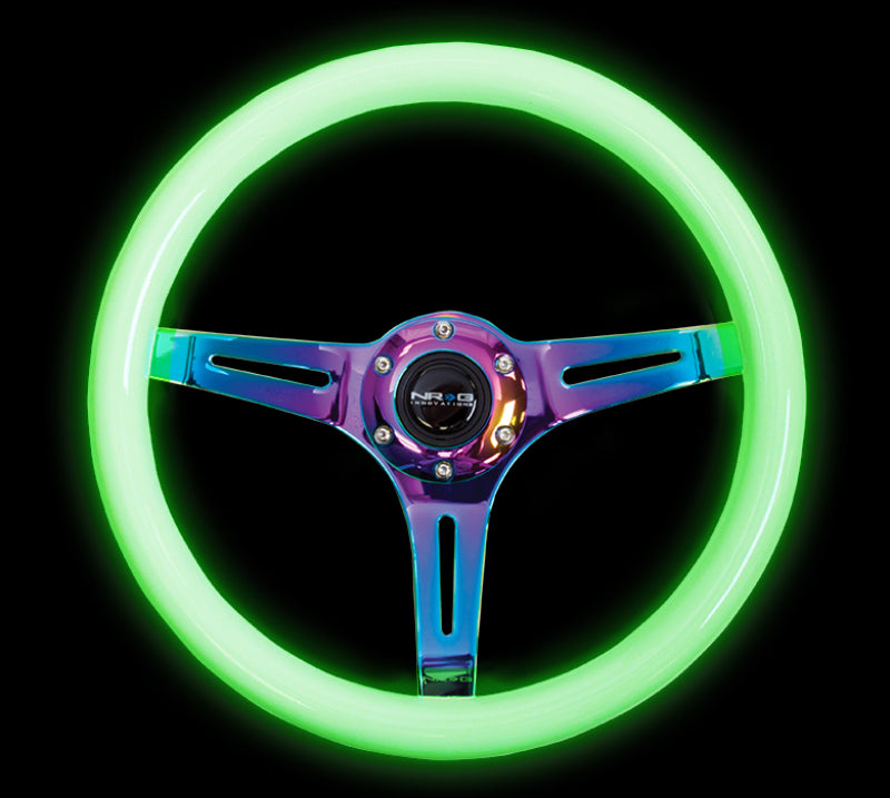 NRG Classic Wood Grain Steering Wheel (350mm) Glow-N-The-Dark Green Grip w/Neochrome 3-Spoke Center - 0