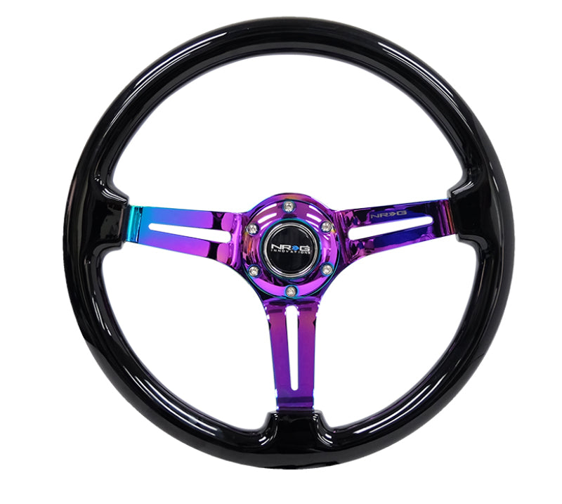 NRG Reinforced Steering Wheel (350mm / 3in. Deep) Blk Wood w/Blk Matte Spoke/Neochrome Center Mark - 0