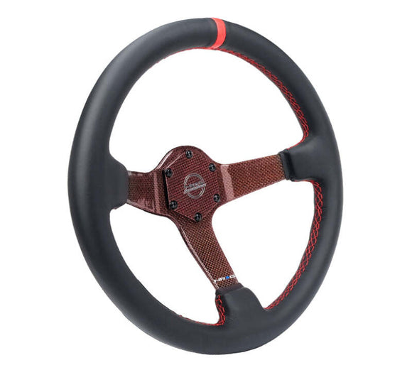 NRG Carbon Fiber Steering Wheel 350mm 3in Deep Red Carbon Fiber Red Stiching Red Center Mark Leather