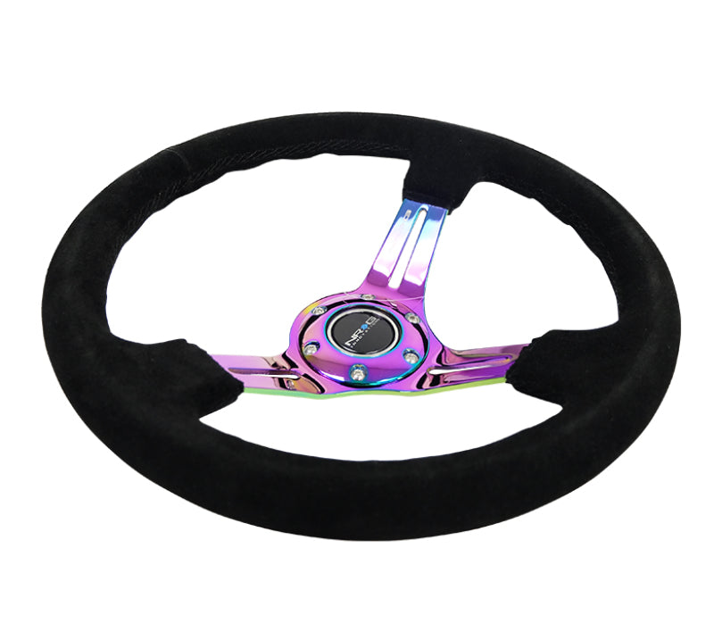 NRG Reinforced Steering Wheel (350mm / 3in. Deep) Blk Suede/Blk Stitch w/Neochrome Slits - 0