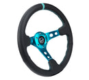 NRG Reinforce Steering Wheel (350mm / 3in. Deep) Blk Leather, Teal Center Mark w/ Teal Stitching-1