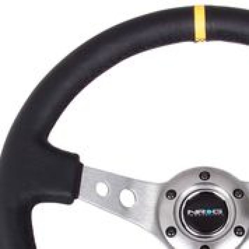 NRG Reinforced Steering Wheel (350mm / 3in. Deep) Blk Leather w/Gunmetal Cutout Spoke & Yellow CM - 0