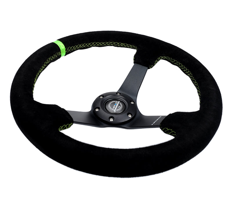 NRG Reinforced Steering Wheel 350mm/3in. Deep Blk Suede/ Neon Green Stitch w/5mm Matte Black Spoke - 0