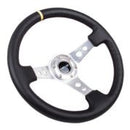 NRG Reinforced Steering Wheel (350mm / 3in. Deep) Blk Leather w/Circle Cut Spokes & Single Yellow CM-2