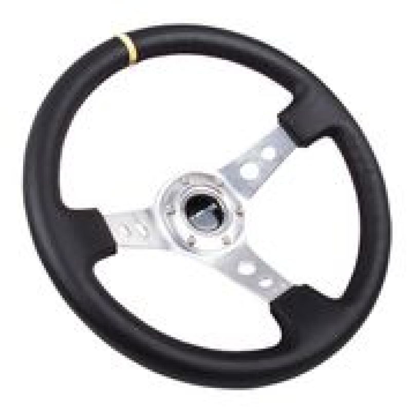 NRG Reinforced Steering Wheel (350mm / 3in. Deep) Blk Leather w/Circle Cut Spokes & Single Yellow CM - 0