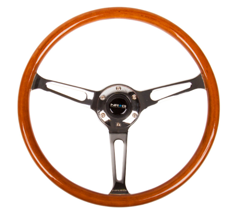 NRG Reinforced Steering Wheel (360mm) Classic Wood Grain w/Chrome Cutout 3-Spoke Center - 0