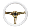 NRG Classic Wood Grain Steering Wheel (350mm) White Grip w/Chrome Gold 3-Spoke Center-3