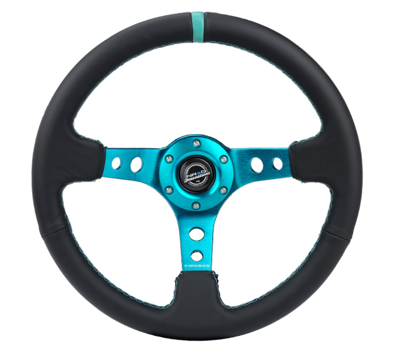 NRG Reinforce Steering Wheel (350mm / 3in. Deep) Blk Leather, Teal Center Mark w/ Teal Stitching - 0