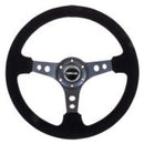 NRG Reinforced Steering Wheel (350mm / 3in. Deep) Blk Suede/Blk Stitch w/Black Circle Cutout Spokes-1