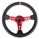 NRG Reinforced Steering Wheel (350mm / 3in. Deep) Blk Leather w/Red Spokes & Sgl Yellow Center Mark-1