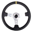 NRG Reinforced Steering Wheel (350mm / 3in. Deep) Blk Leather w/Circle Cut Spokes & Single Yellow CM-3