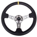 NRG Reinforced Steering Wheel (350mm / 3in. Deep) Blk Leather w/Gunmetal Cutout Spoke & Yellow CM-3