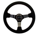 NRG Reinforced Steering Wheel (350mm / 3in. Deep) Blk Suede w/Red BBall Stitch & Black 3-Spoke-2