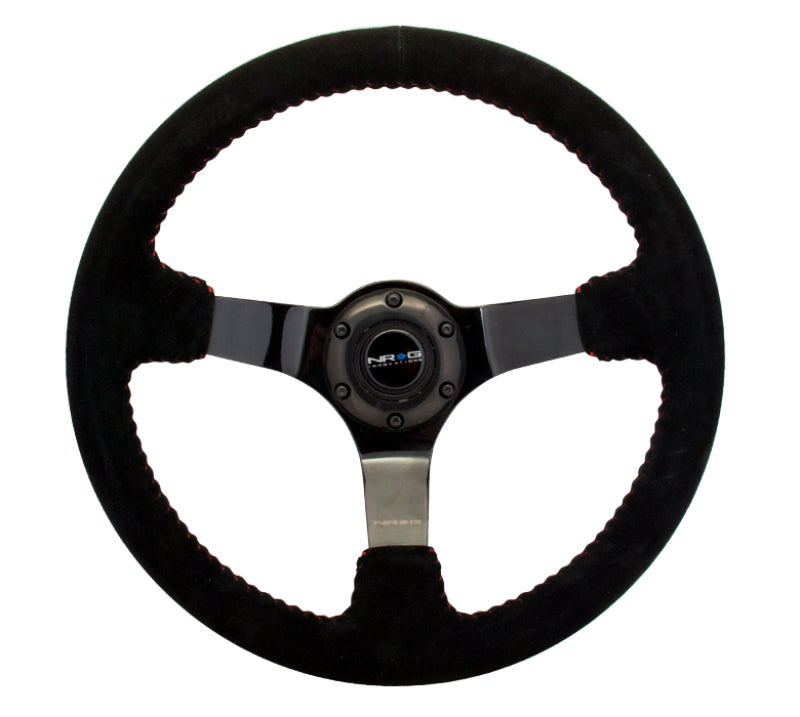 NRG Reinforced Steering Wheel (350mm / 3in. Deep) Blk Suede w/Red BBall Stitch & Black 3-Spoke - 0