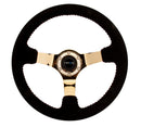 NRG Reinforced Steering Wheel (350mm / 3in. Deep) Blk Suede w/Red BBall Stitch & Chrome Gold 3-Spoke-2