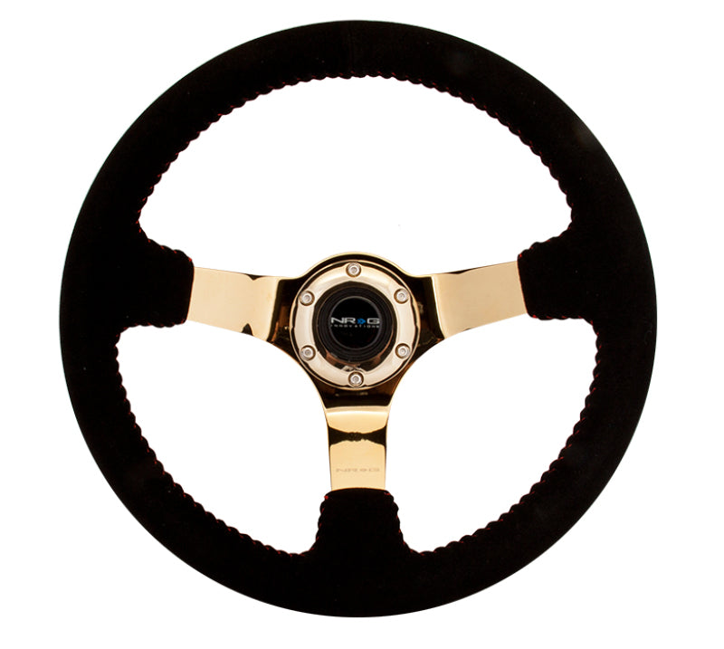 NRG Reinforced Steering Wheel (350mm / 3in. Deep) Blk Suede w/Red BBall Stitch & Chrome Gold 3-Spoke - 0