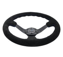 NRG Reinforced Steering Wheel (350mm / 3in. Deep) Blk Suede/Blue BBall Stitch w/5mm Matte Blk Spokes-6