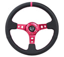 NRG Reinforced Steering Wheel (350mm/3in. Deep) Black Leather/ Fushia Center Mark/ Fushia Stitching-2