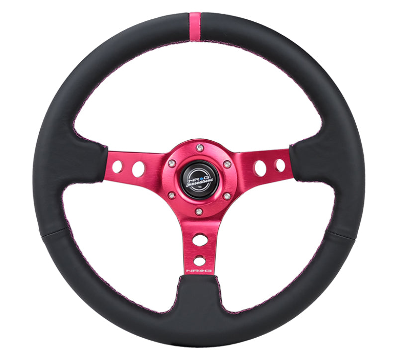 NRG Reinforced Steering Wheel (350mm/3in. Deep) Black Leather/ Fushia Center Mark/ Fushia Stitching - 0