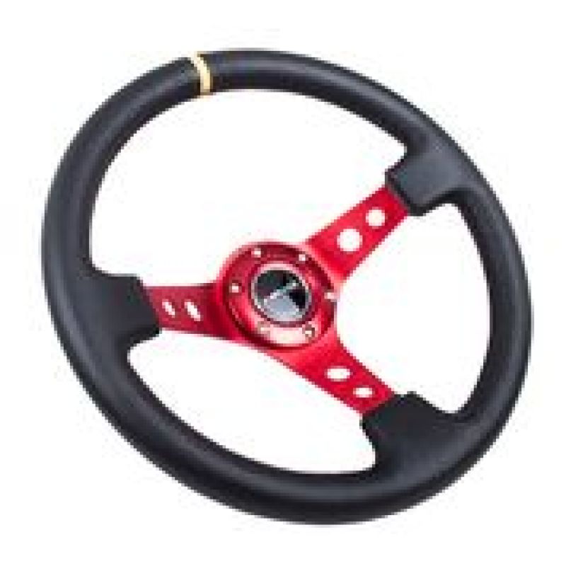 NRG Reinforced Steering Wheel (350mm / 3in. Deep) Blk Leather w/Red Spokes & Sgl Yellow Center Mark - 0