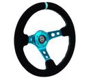 NRG Reinforced Steering Wheel (350mm/ 3in. Deep) Black Suede/ Teal Center Mark/ Teal Stitching-1