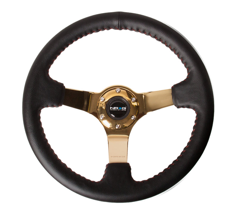 NRG Reinforced Steering Wheel (350mm / 3in. Deep) Blk Leather/Red BBall Stitch w/4mm Gold Spokes - 0