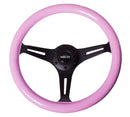 NRG Classic Wood Grain Steering Wheel (350mm) Solid Pink Painted Grip w/Black 3-Spoke Center-3