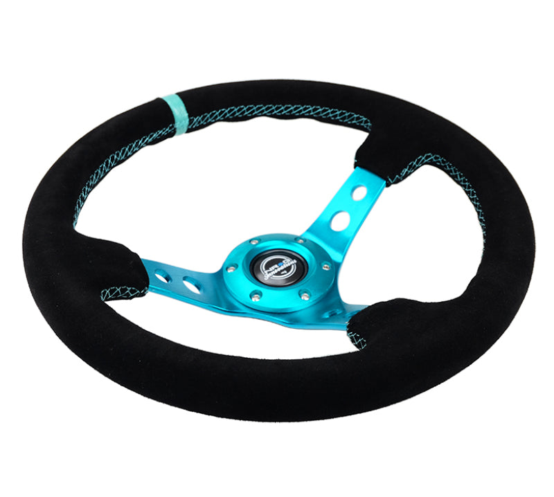 NRG Reinforced Steering Wheel (350mm/ 3in. Deep) Black Suede/ Teal Center Mark/ Teal Stitching - 0