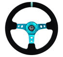 NRG Reinforced Steering Wheel (350mm/ 3in. Deep) Black Suede/ Teal Center Mark/ Teal Stitching-3