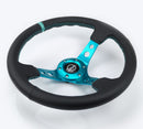 NRG Reinforce Steering Wheel (350mm / 3in. Deep) Blk Leather, Teal Center Mark w/ Teal Stitching-3