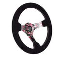 NRG Reinforced Steering Wheel (350mm) 3in Deep Pink Sakura Floral Solid Spoke - Black Suede/Stitch-3