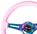NRG Classic Wood Grain Steering Wheel (350mm) Solid Pink Painted Grip w/Neochrome 3-Spoke Center-2