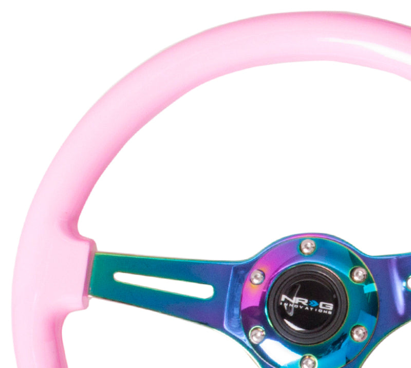 NRG Classic Wood Grain Steering Wheel (350mm) Solid Pink Painted Grip w/Neochrome 3-Spoke Center - 0