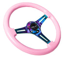 NRG Classic Wood Grain Steering Wheel (350mm) Solid Pink Painted Grip w/Neochrome 3-Spoke Center-3
