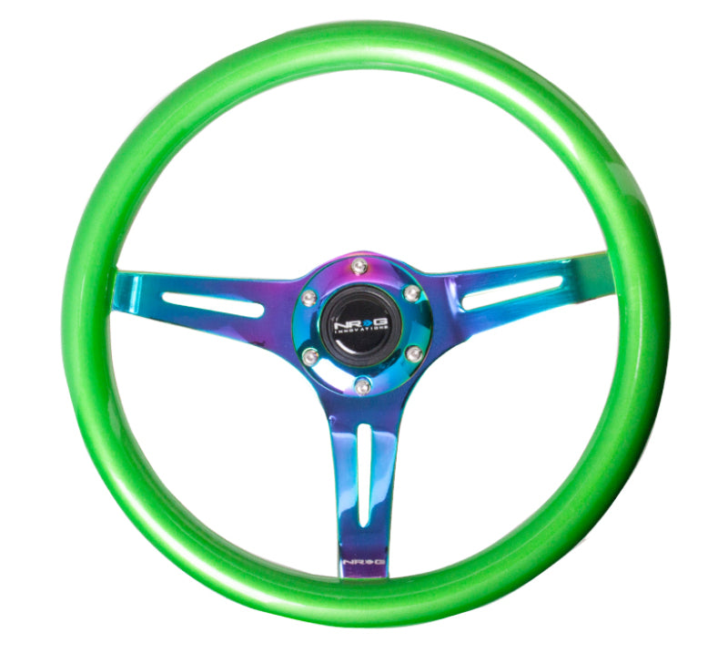 NRG Classic Wood Grain Steering Wheel (350mm) Green Pearl/Flake Paint w/Neochrome 3-Spoke Center - 0