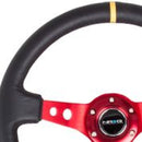 NRG Reinforced Steering Wheel (350mm / 3in. Deep) Blk Leather w/Red Spokes & Sgl Yellow Center Mark-3