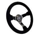 NRG Reinforced Steering Wheel (350mm / 3in. Deep) Blk Suede w/Red BBall Stitch & Black 3-Spoke-3