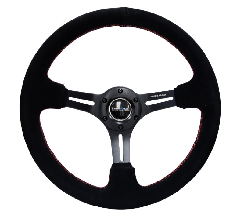 NRG Reinforced Steering Wheel (350mm / 3in. Deep) Blk Suede w/Red Stitching & 5mm Spokes w/Slits - 0