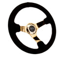 NRG Reinforced Steering Wheel (350mm / 3in. Deep) Blk Suede w/Red BBall Stitch & Chrome Gold 3-Spoke-3