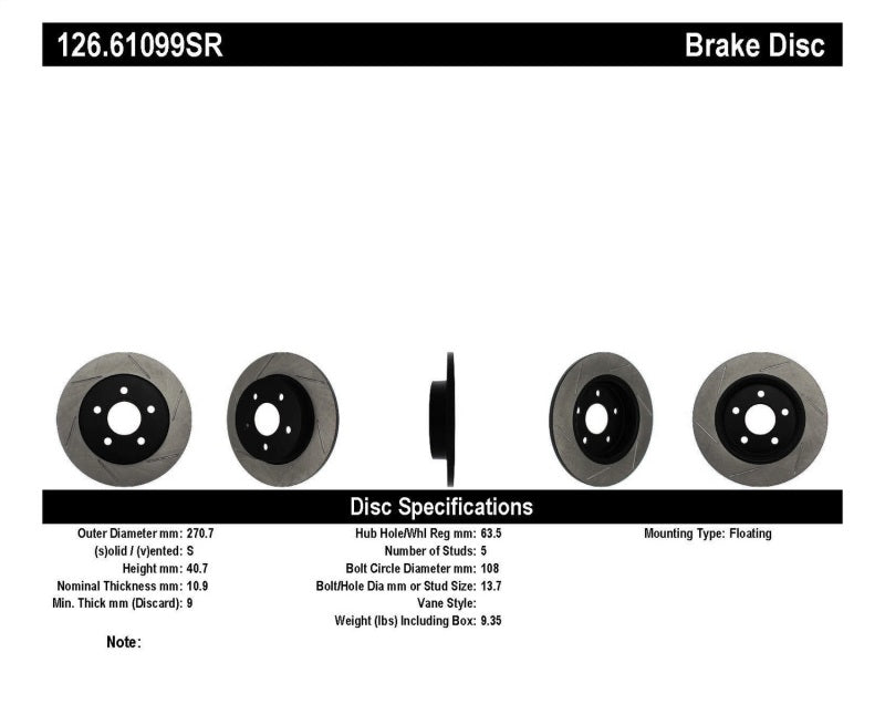 StopTech 13 Ford Focus ST Slotted Right Rear Rotor - 0