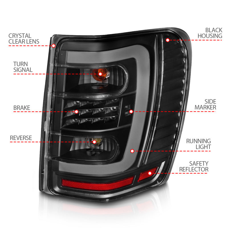 ANZO 1999-2004 Jeep Grand Cherokee LED Tail Lights w/ Light Bar Black Housing Clear Lens - 0