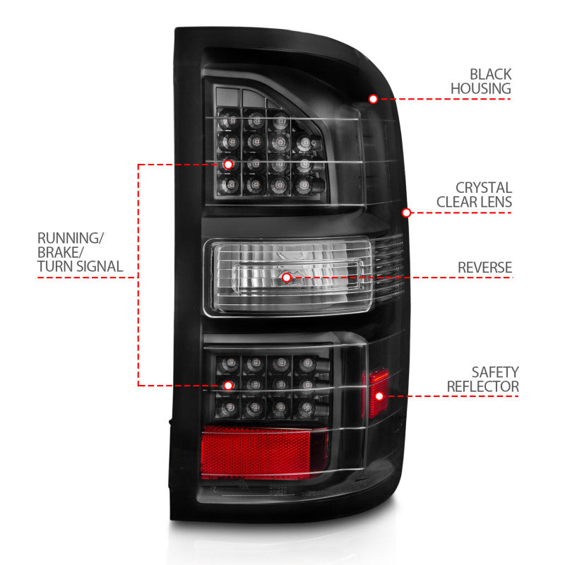 ANZO 2014-2018 GMC Sierra LED Tail Lights Black Housing Clear Lens - 0