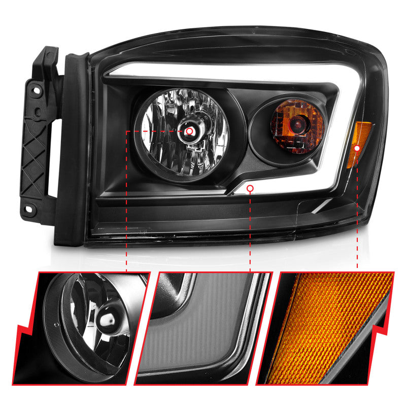 Anzo 06-09 Dodge RAM 1500/2500/3500 Headlights Black Housing/Clear Lens (w/ Light Bars) - 0