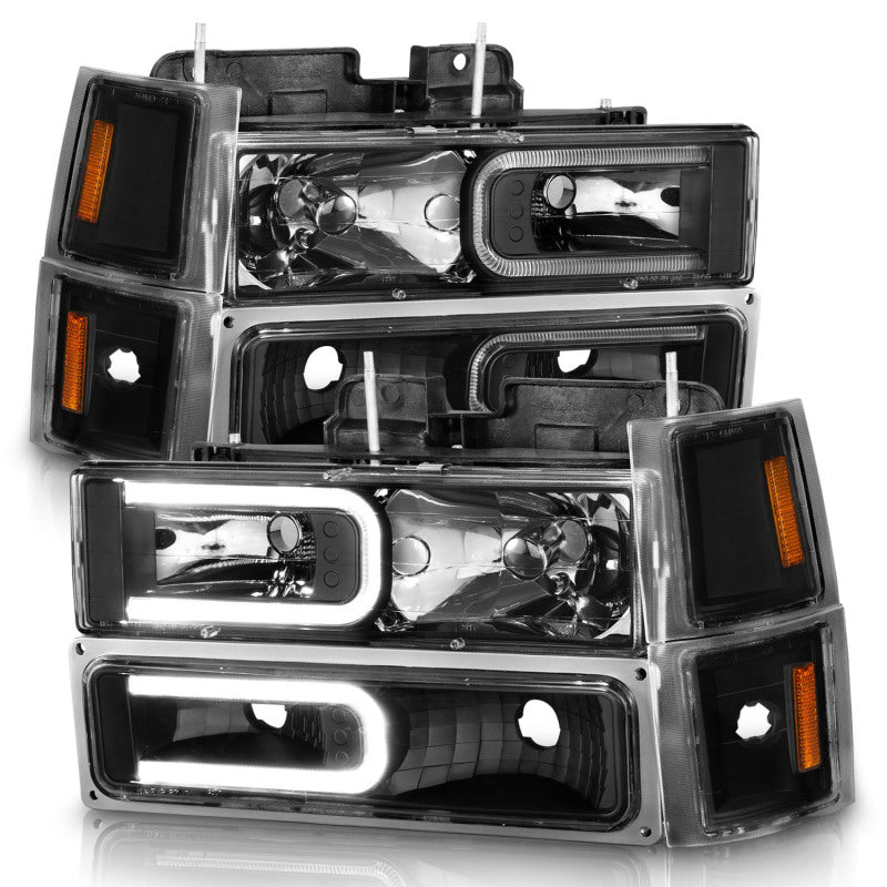 ANZO 88-98 Chevrolet C1500 Crystal Headlights w/ Light Bar Black Housing w/ Signal Side Markers 8Pcs - 0