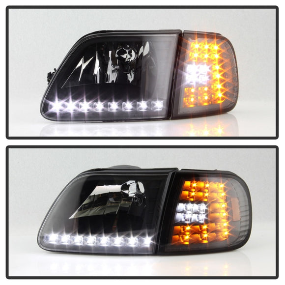 xTune Ford F150 97-03 Crystal Headlights w/ Clear LED Corners Black HD-ON-FF15097-LED-SET-BK