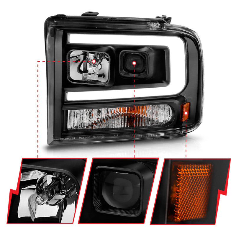 ANZO 99-04 Ford F250/F350/F450/Excursion (excl 99) Projector Headlights - w/ Light Bar Black Housing - 0