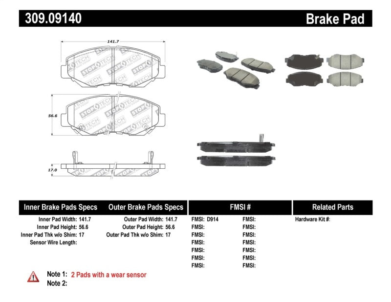 StopTech Performance 03-10 Honda Accord / 02-06 CR-V / 03-08 Pilot Front Brake Pads - 0