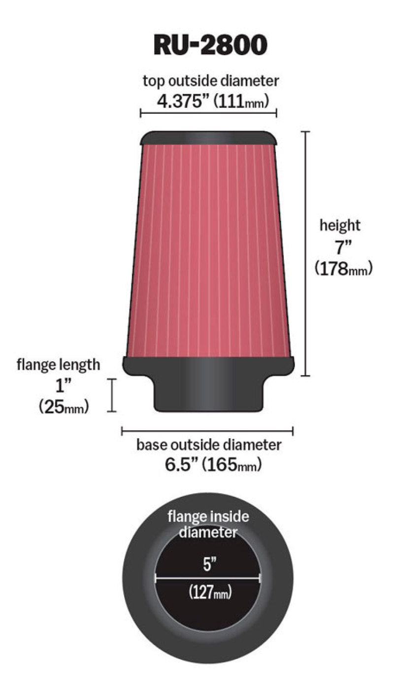 K&N Filter Universal Rubber Filter 5 inch Flange 6 1/2 inch Base 4 3/8 inch Top 7 inch Height - 0